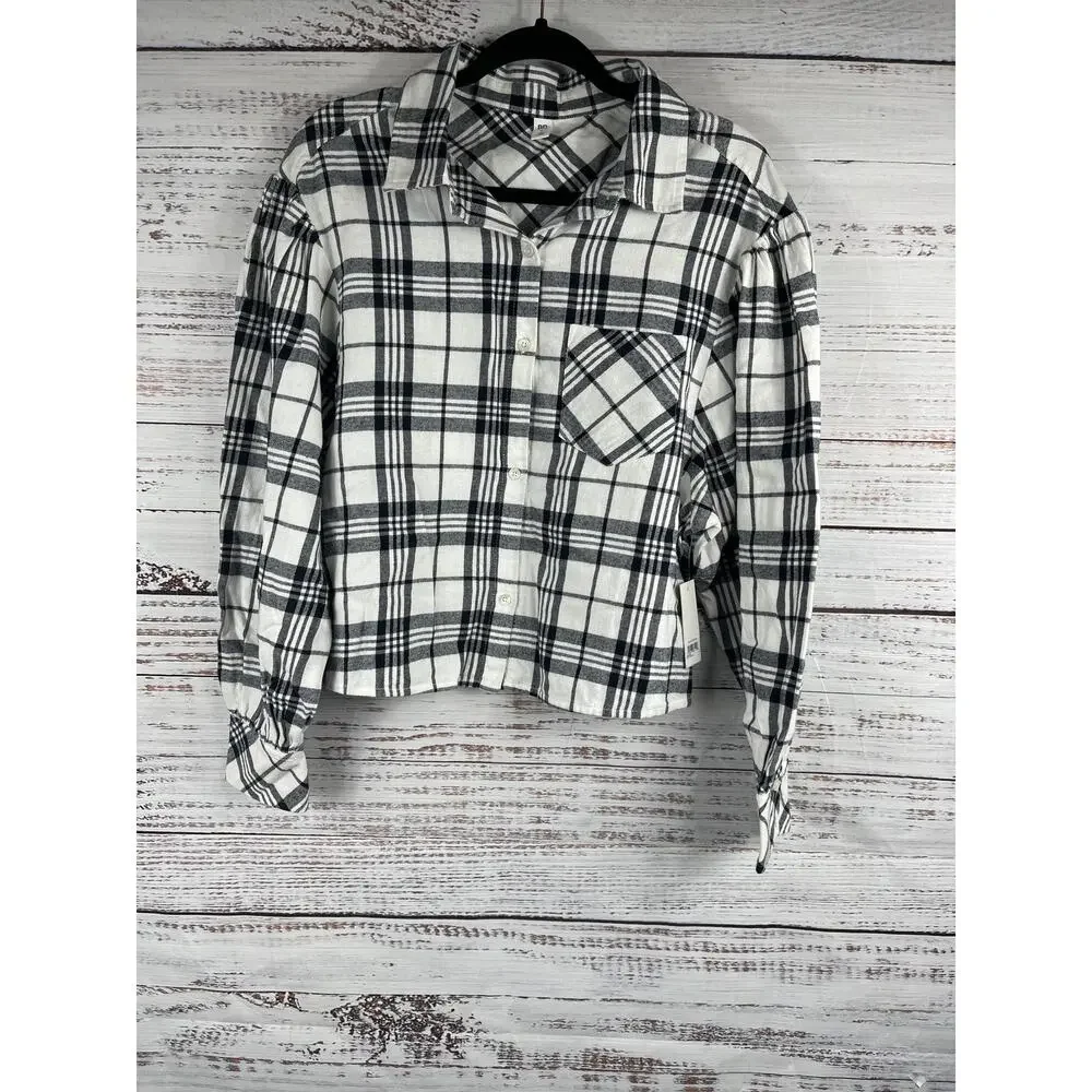 BP Shirt Women's Small Ivory Black Plaid Flannel Puff Sleeve Button Up Nordstrom - Picture 3 of 7